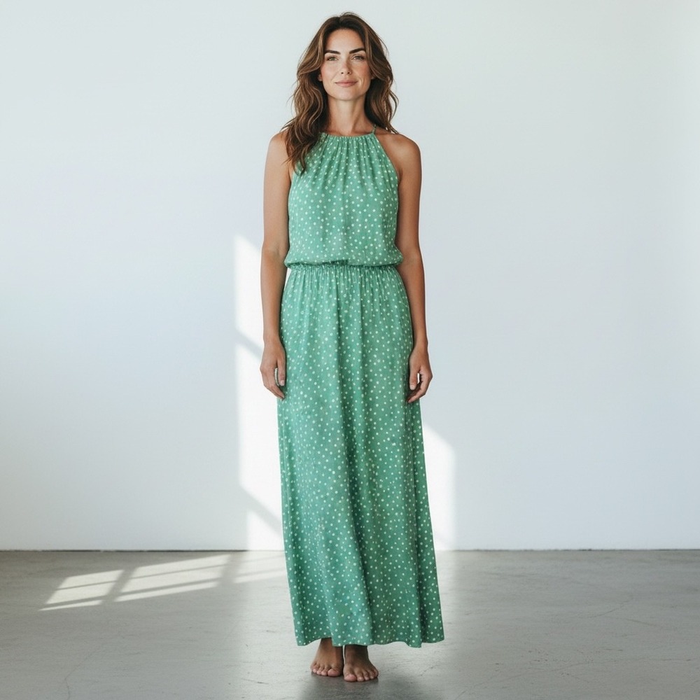 Flowy Polka Dot Tiered Maxi Dress PRETTYGARDEN M Mint Green Halter Viscose